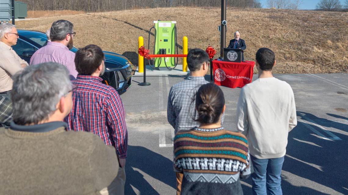 Héctor D. Abruña, the Émile M. Chamot Professor of Chemistry in the Department of Chemistry and Chemical Biology, gives remarks at the opening ceremony of the Abruña Energy Initiative Fast Battery Charging Facility, located in in the northeast corner of the Fleet Services parking lot. Photo courtesy of Cornell Chronicle